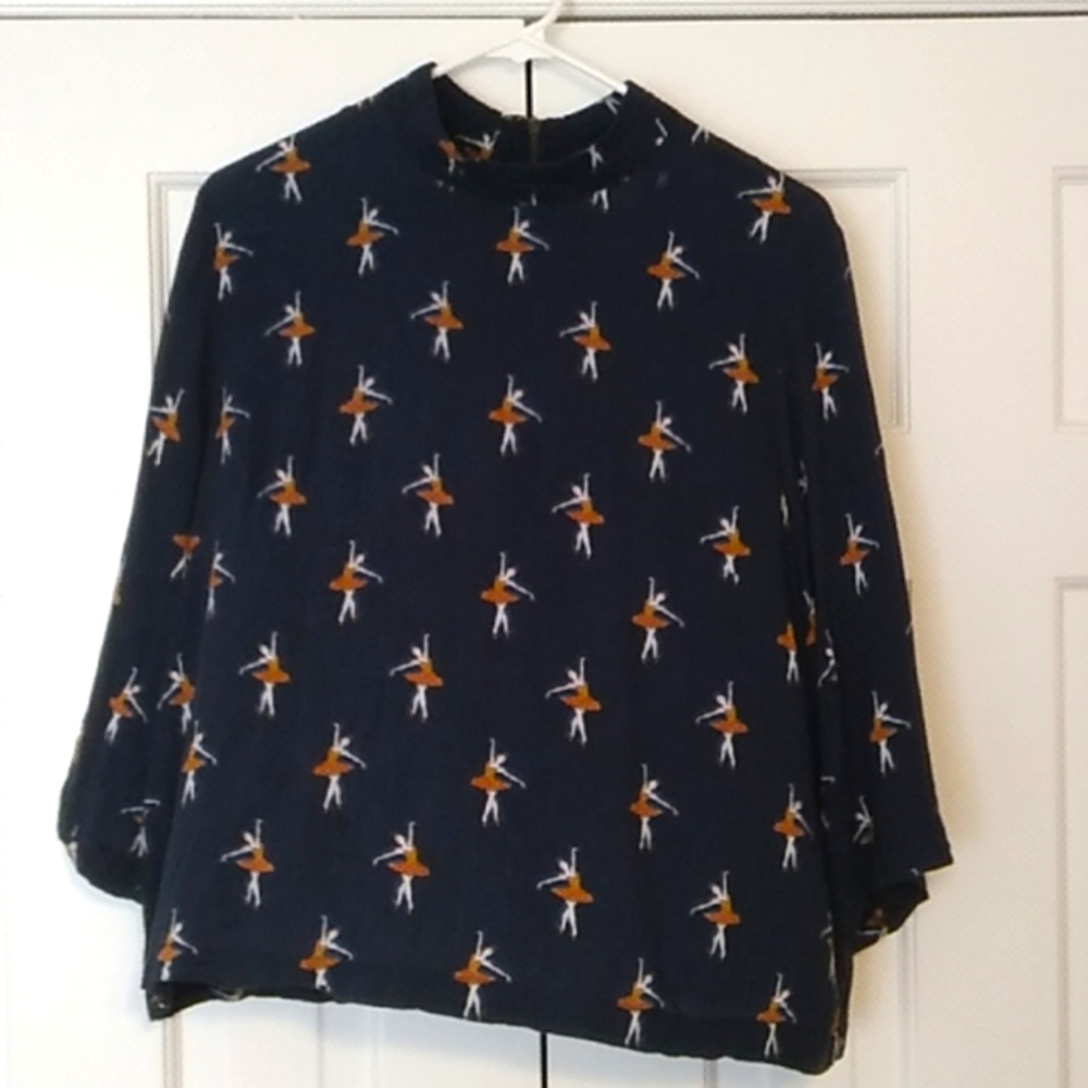 H&M Navy Ballerinas Linen Top 3-Quarter Sleeves